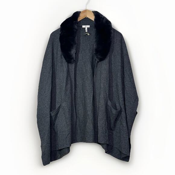 Joie Rabbit Fur Collar Cardigan Womens M Gray Oversized Wool Cashmere Soft Holes - Picture 1 of 10